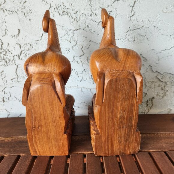 Vintage Hand-Carved Teak Elephant Bookends Pair – 10" Tall Wooden Decor Jungle - Picture 4 of 12